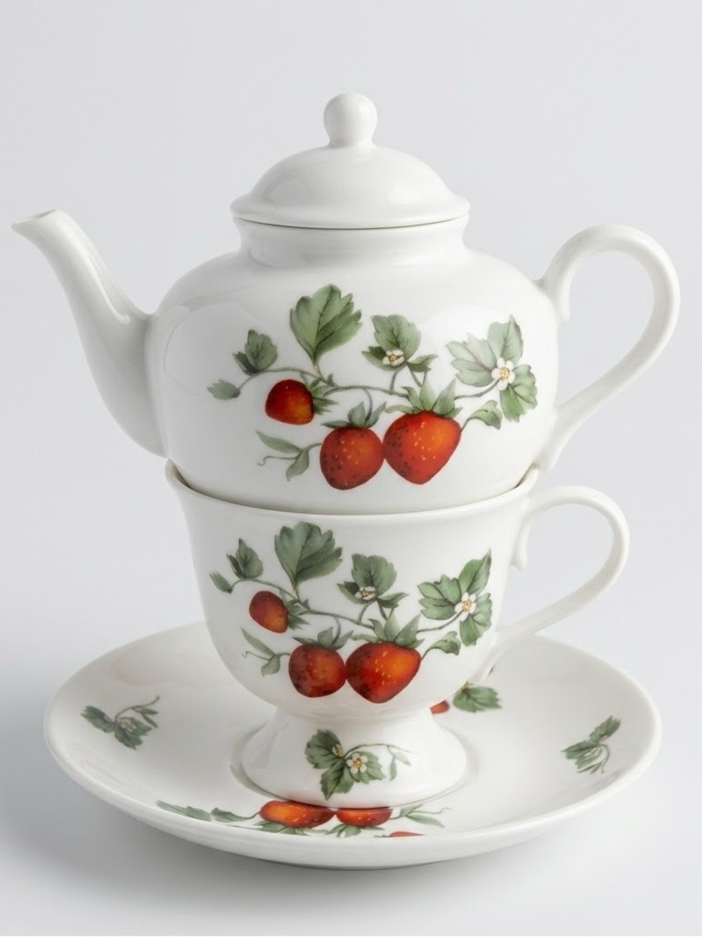 Nantucket Home Strawberry Pattern Tea For One Stacking Teapot w/ Cup and Saucer